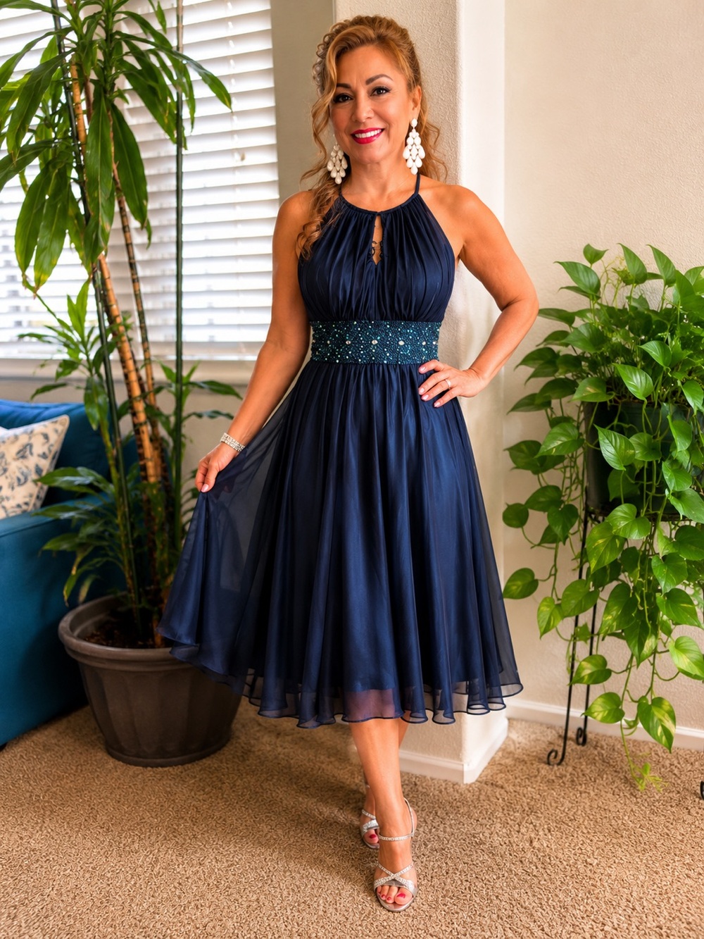 Jessica Howard Teal Beaded Waist Cocktail Dress